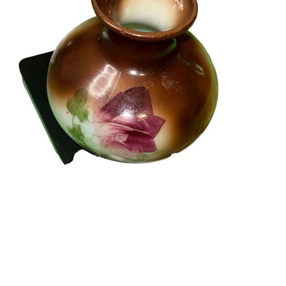 HAND PAINTED MILK GLASS VASE - Squat & Round Brown with Red Rose VINTAGE COUNTRY - Picture 11 of 11